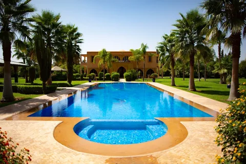 The heated pool framed by mature palms in the private gardens of Dar Alameria