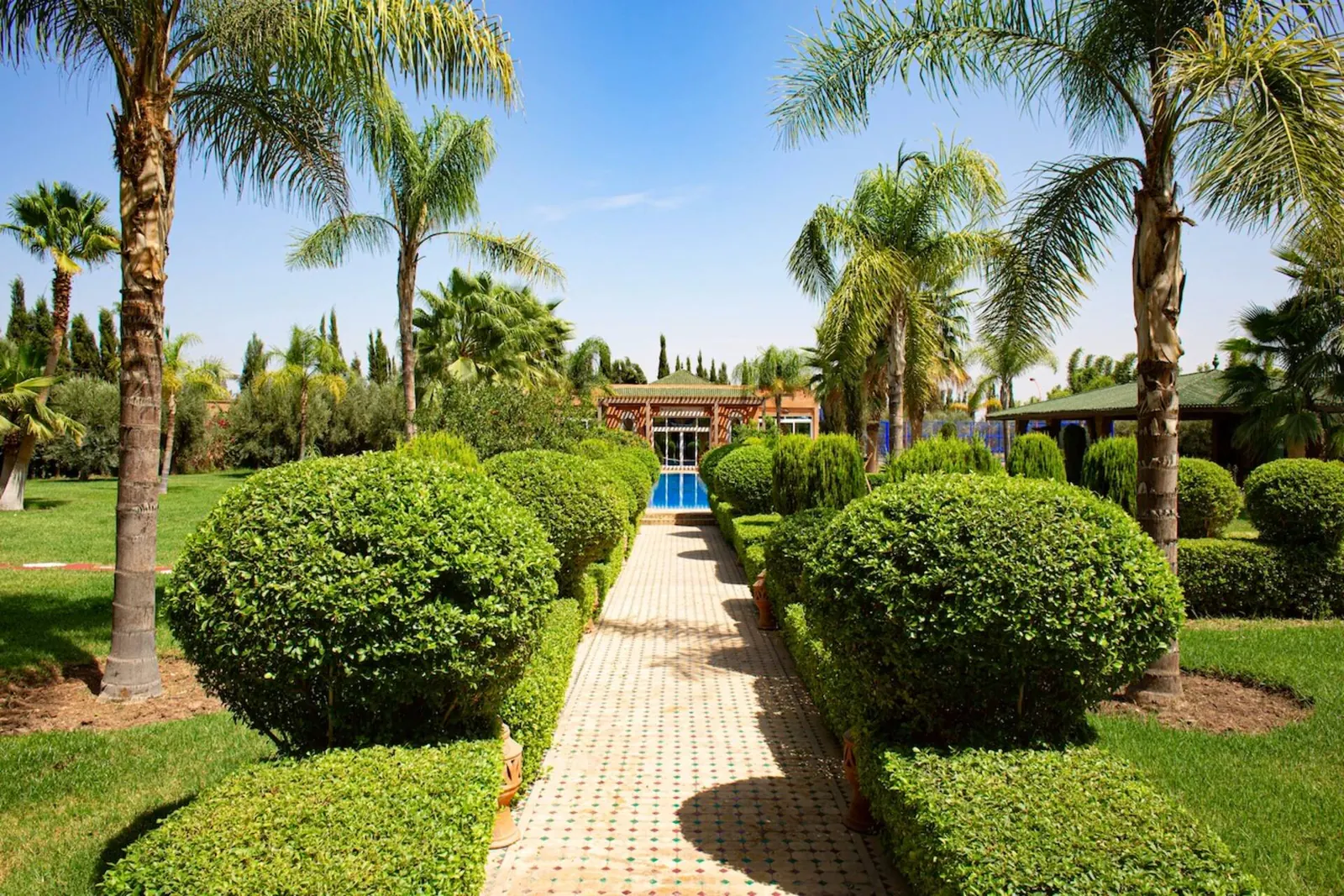 The central garden avenue of palms and clipped hedges
