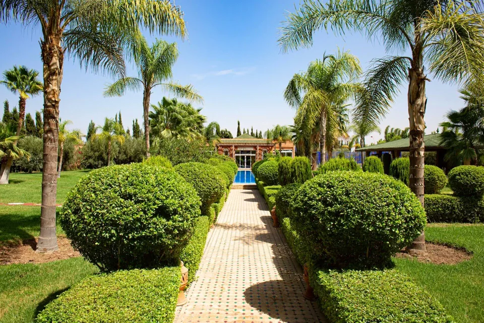 The central garden avenue of palms and clipped hedges