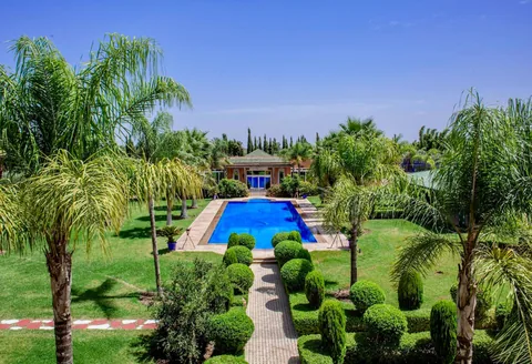 Clipped topiary and palms leading down to the pool at Dar Alameria