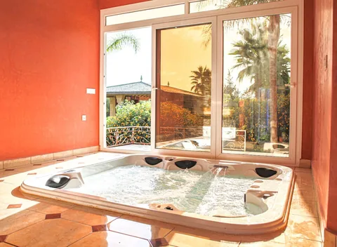 The indoor jacuzzi opening to the palm gardens