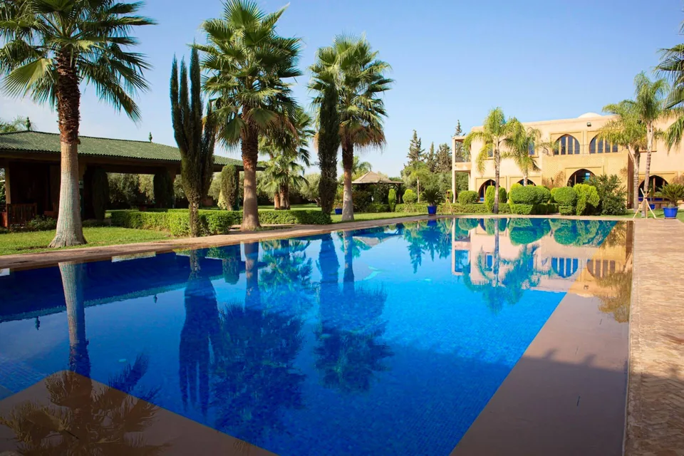 The full length of the heated pool beside the villa
