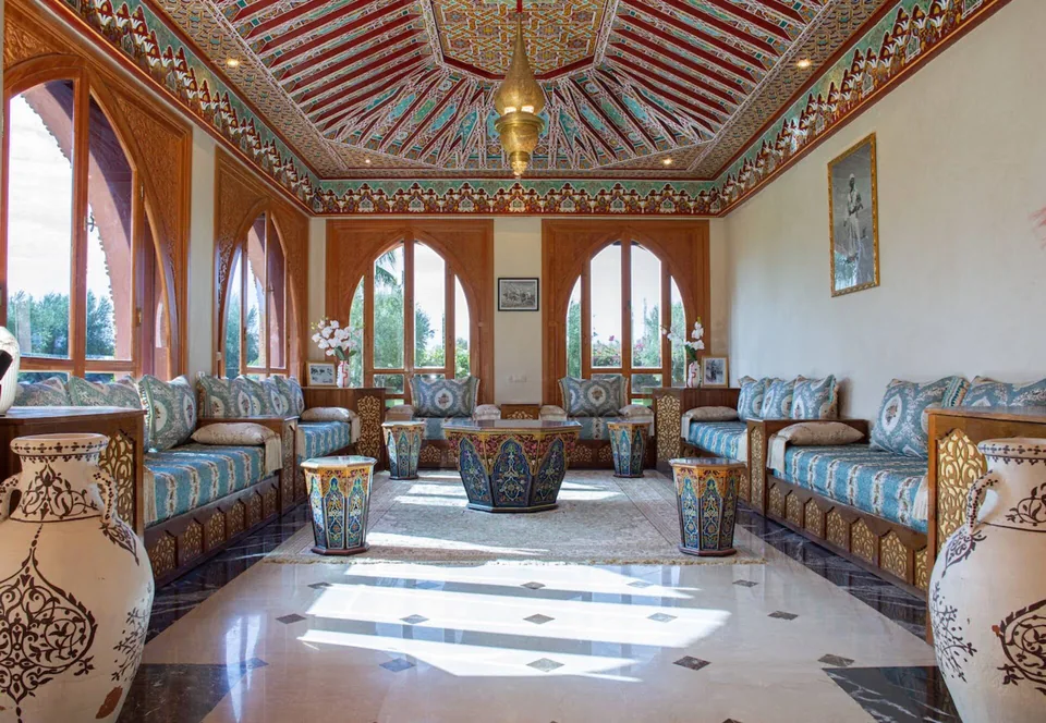 Traditional zouak painted ceiling above the Moroccan seating room