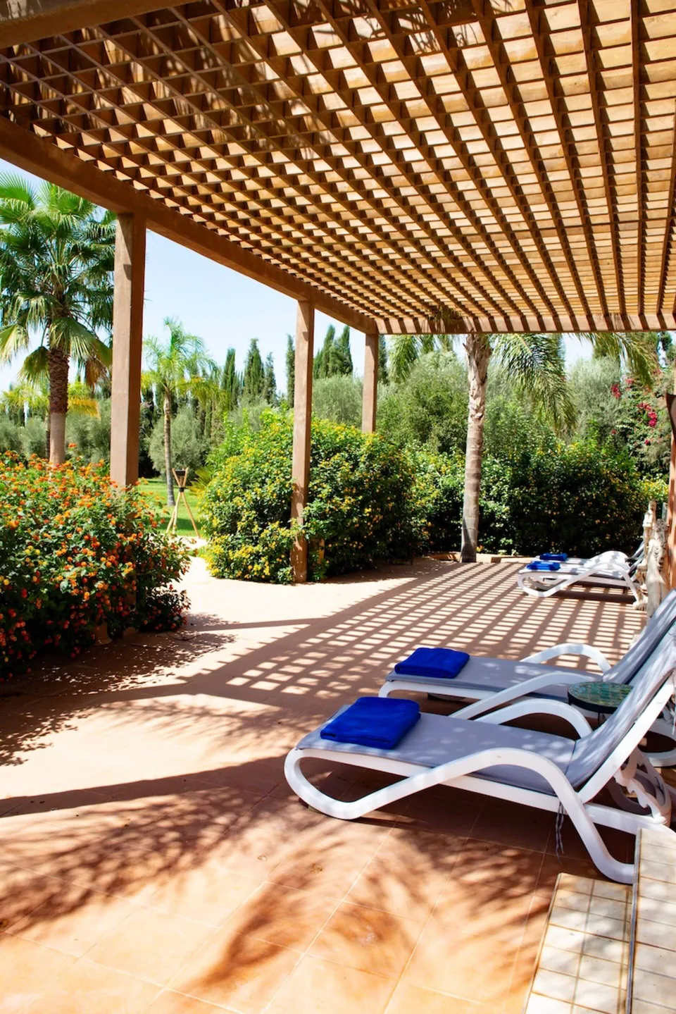 Sun loungers under the slatted garden shade