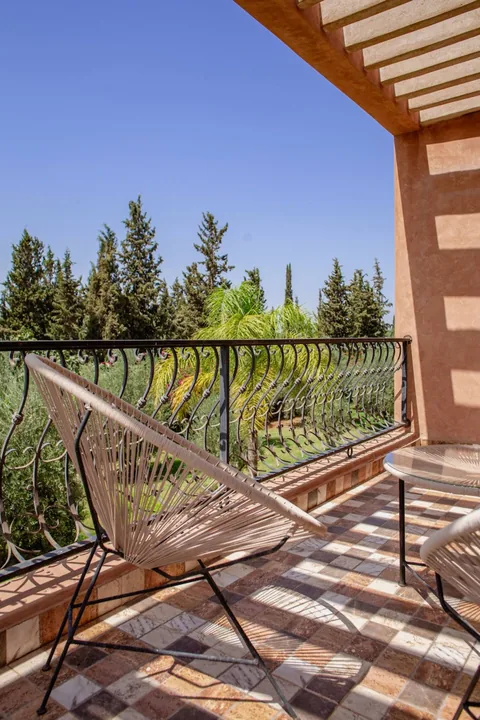 A terrace balustrade with views across the palm gardens