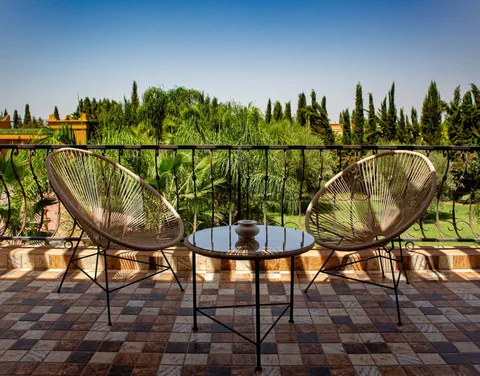 A tea table for two on the tiled terrace